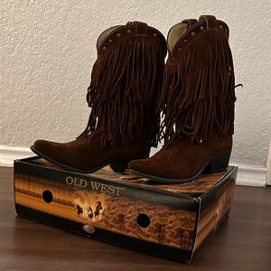 Old West Suede Fringe Boots in Rich Brown